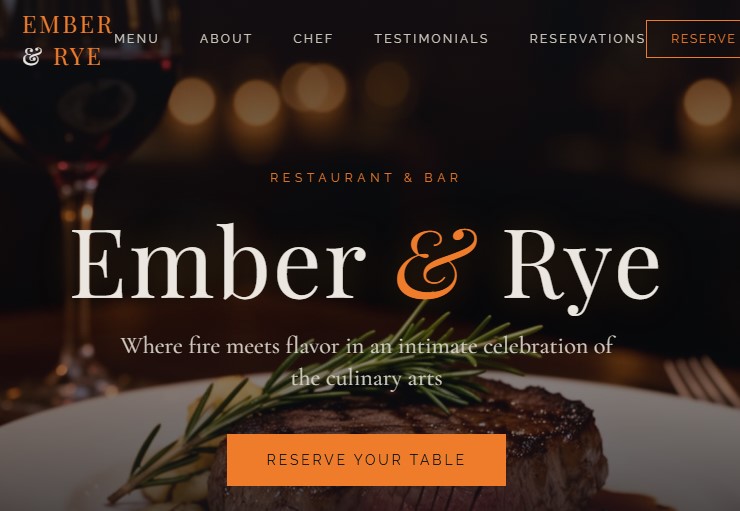 Ember and Rye restaurant bar website design by NOXLY Studio